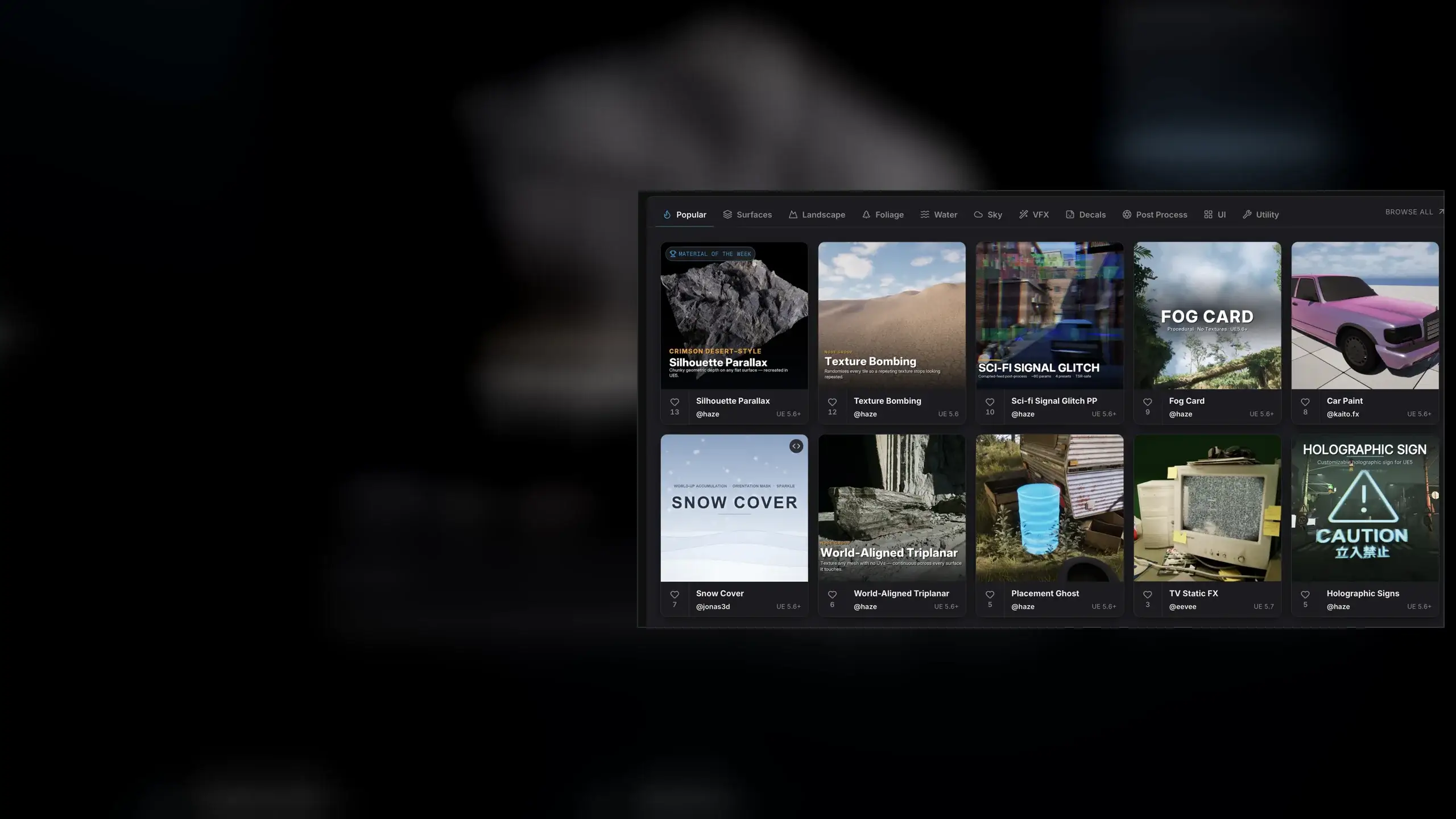 NodeStrand - the community library of free UE5 materials, browsable by category