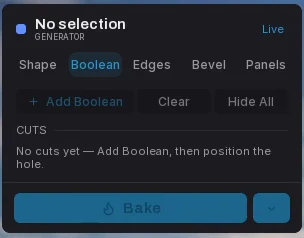 A MAKINA generator's modifier tabs: Shape, Boolean, Edges, Bevel and Panels, with a Bake button