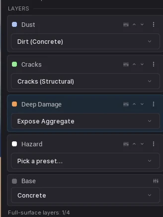 The MAKINA layer panel: Dust, Cracks, Deep Damage and Hazard layers stacked over a concrete base