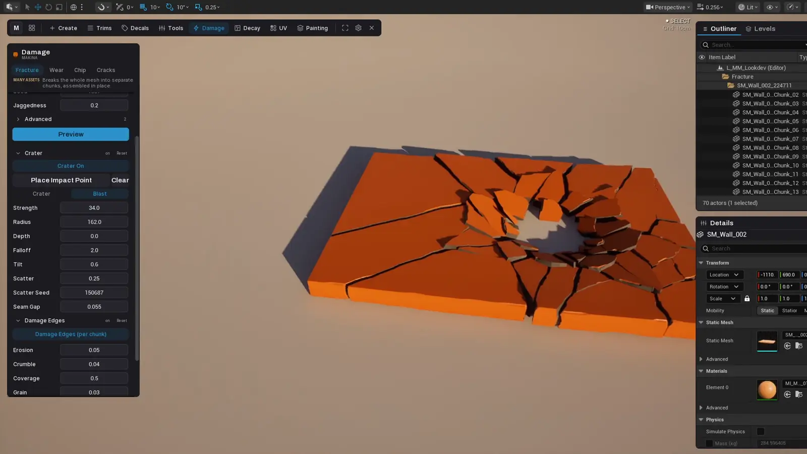 A floor slab caving into a crater around a placed impact point, then lit