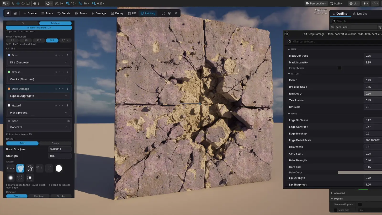 Material layers projecting onto an imported mesh that has no UVs