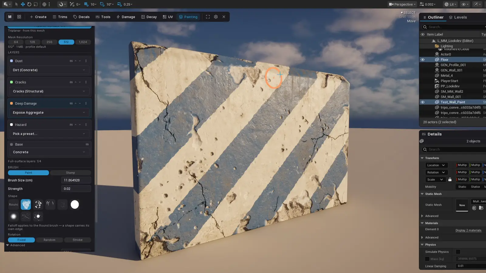 Painting wear and cracks onto a striped concrete wall inside the Unreal editor