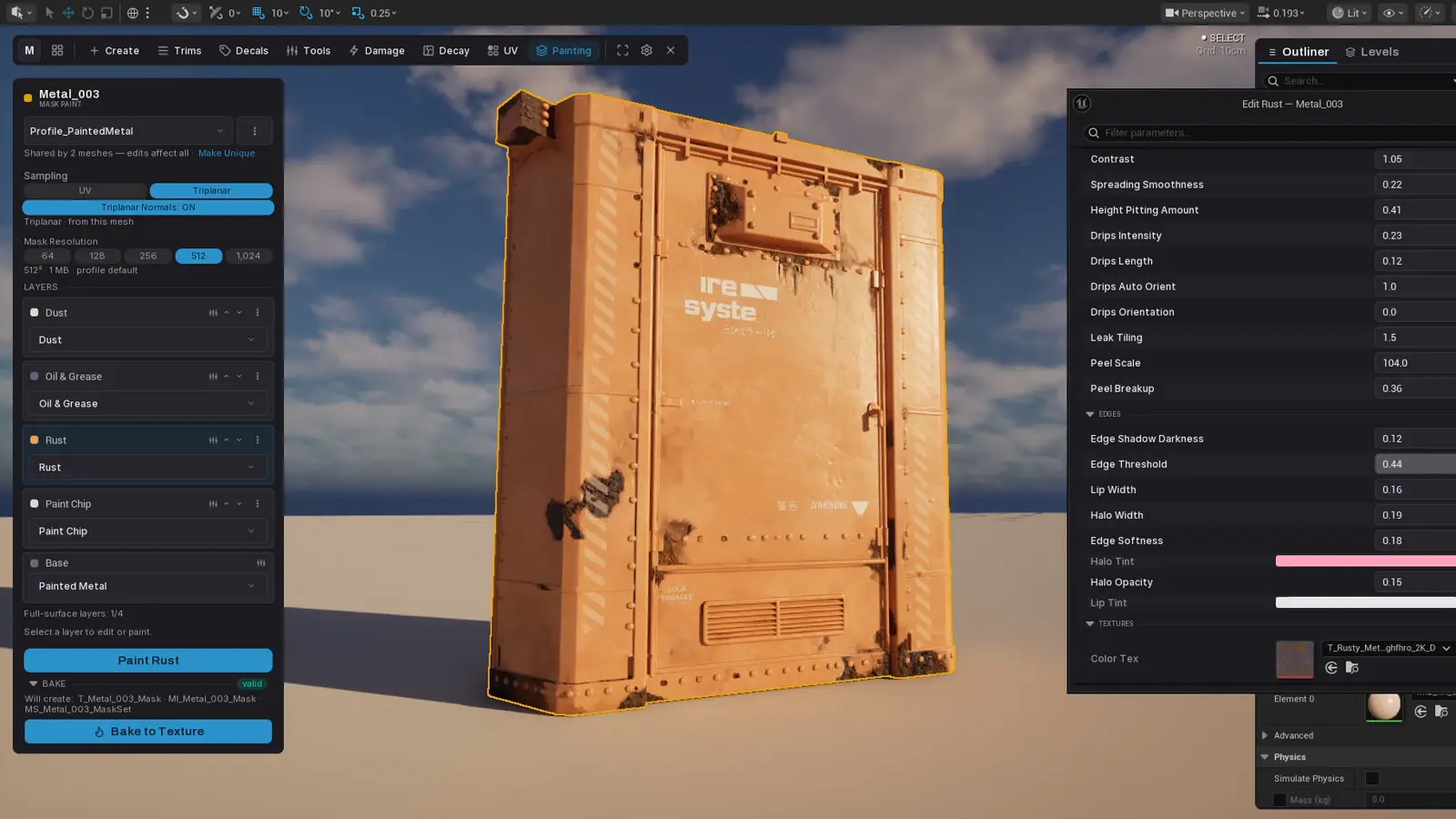 Rust spreading across a painted metal container panel in Unreal Engine