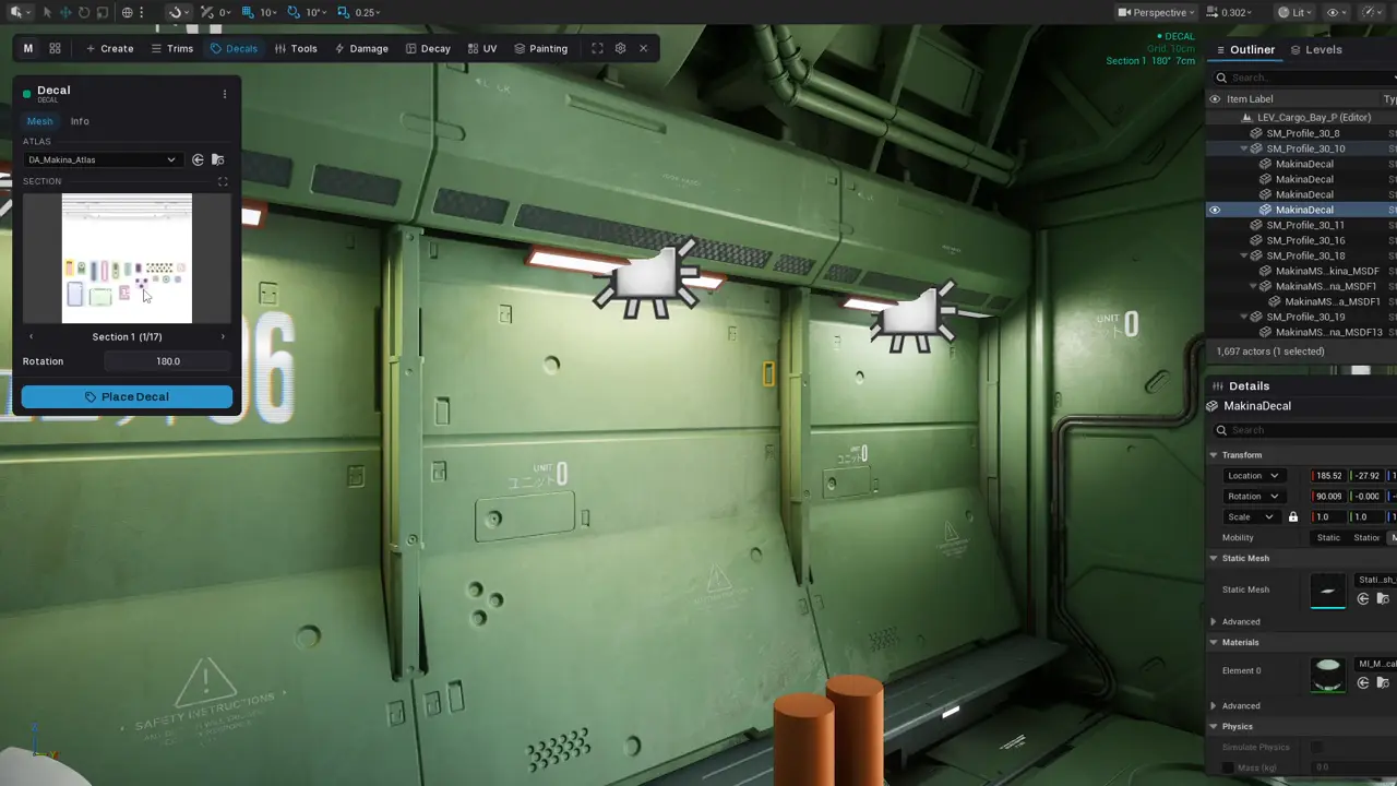 Mesh decals snapping onto a corridor wall in the Unreal editor