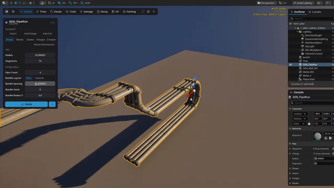 Drawing a pipe run that fills out into a full bundle of pipes